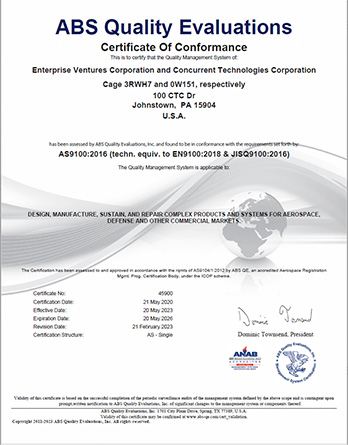 EVC Quality Commitment AS9100D Certificate